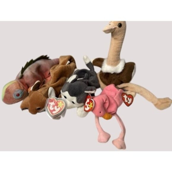 Ty Beanie Babies Lot Of 5 - Flamingo Ostrich Husky Lizard & Deer Plush Toys - Picture 1 of 9